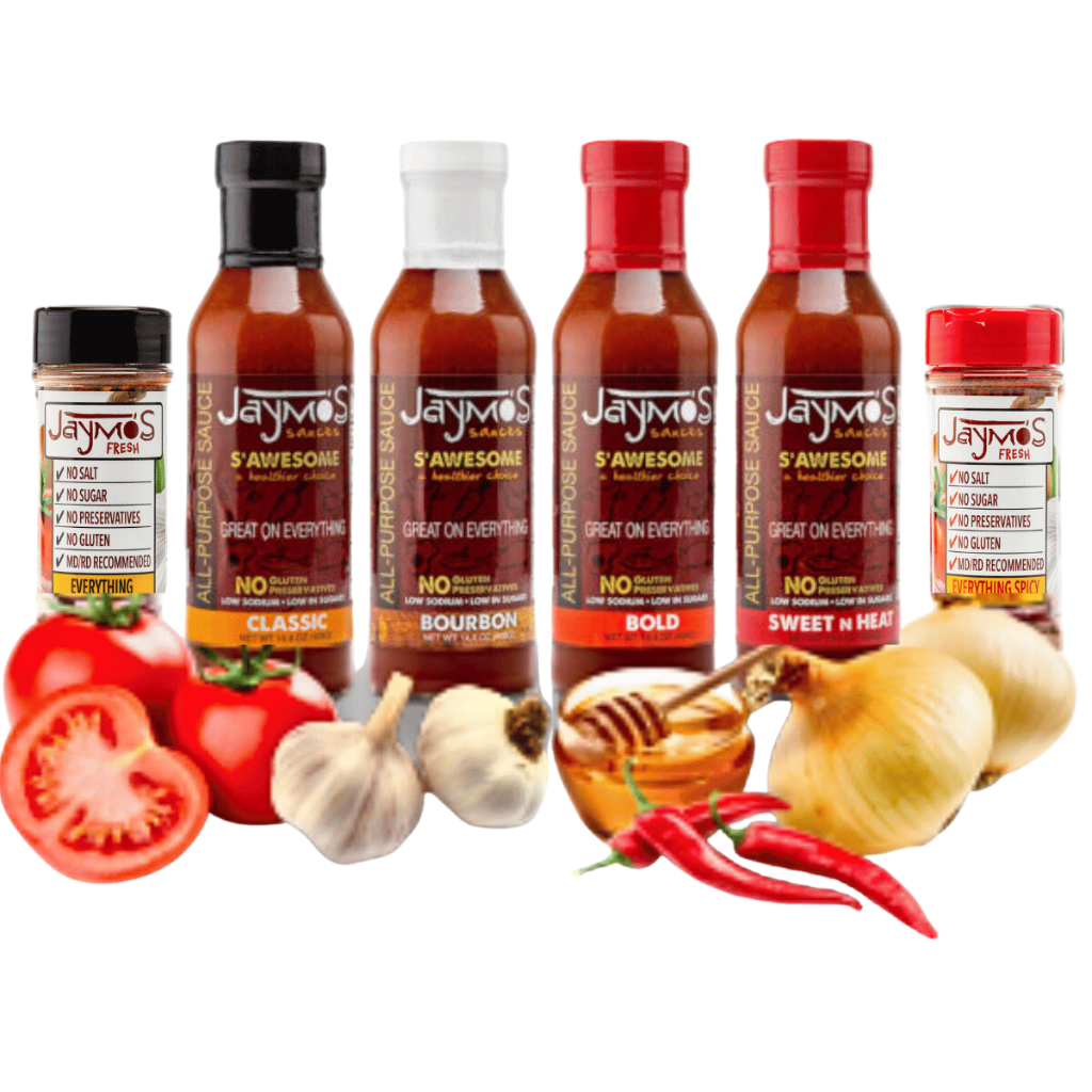 Jaymo's sauces, all purpose shakers, and fresh ingredients